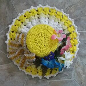 Handmade Floral, Yellow & White Crocheted Spring Easter Hat- Hanging Decor- 14"